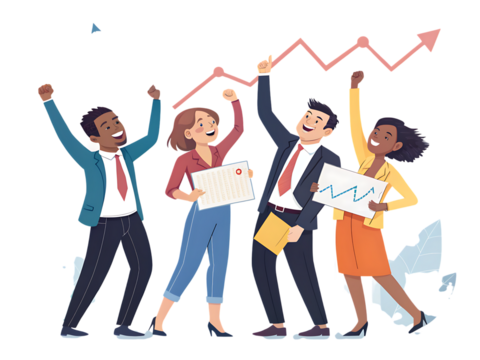 Group of diverse business people celebrating success with rising graph on a black background created with generated ai