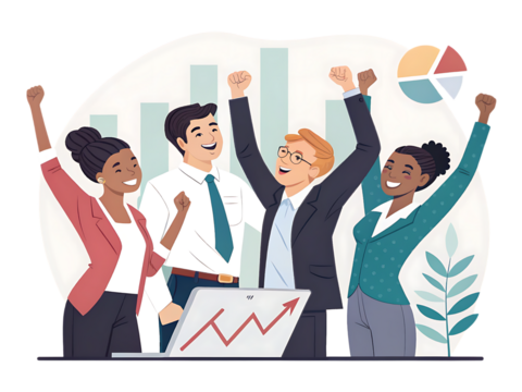 A group of diverse business people celebrating success with raised arms in front of a laptop and charts created with generated ai