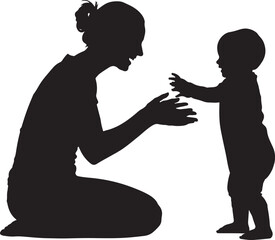 black silhouette of a mother playing with a toddler, isolated on white