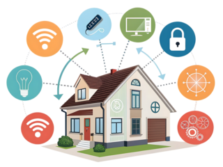 Illustration of a smart home with connected devices and systems for automation and control features created with generated ai