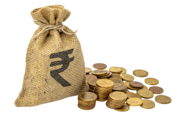 A jute bag with the indian rupee symbol and a pile of gold coins scattered around the bag on black created with generated ai