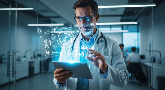 Young woman doctor uses digital tablet to analyze a virtual X-ray image with a professional business team