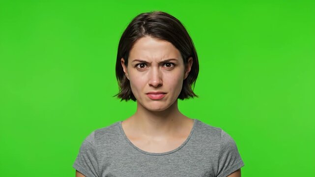 Woman Showing Disgust on Green Screen - A young woman with short brown hair displays a disgusted expression against a bright green background.