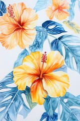 Floral Painting of Yellow Flowers and Blue Leaves