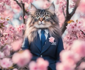 Fluffy Long Haired Cat in Formal Attire Amidst Pink Blossoms