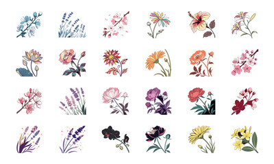 Set of 24 Beautiful Colorful Floral Illustrations Featuring Lavender, Lotus, Roses, Daisies, Gerbera, Hibiscus, Lilies, Peonies, Orchids, Cherry Blossoms, and Plumeria Flowers in Elegant Botanical Ar