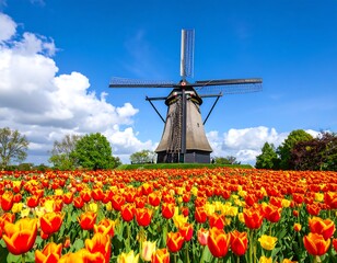 Dutch windmill amidst vibrant tulips
