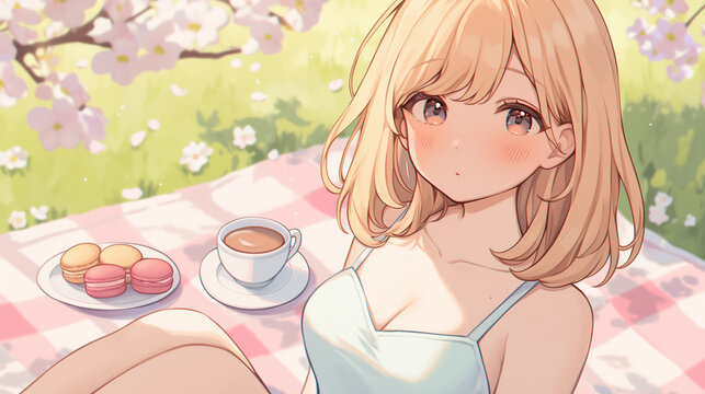 Enjoy a Relaxing Picnic with Sweet Macarons and Coffee Amid Beautiful Blossoms on a Sunny Spring Day