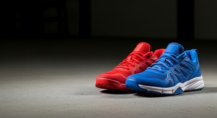 Vibrant Red and Blue Sport Shoe Pair on Concrete Surface Still Life
