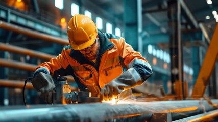 The shows a worker operating industrial machinery, specifically welding a metal pipe in a factory setting. The focus is on the worker's hands holding tools to make precise cuts and connections.