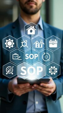 SOP, Standard operating procedure concept. Businessman use laptop with virtual SOP icons for the standard operating procedure with instruction, quality, process, operation, sequence.