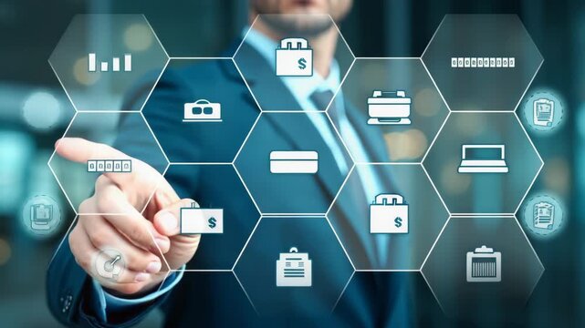 Payroll Management and Financial Processing System. Businessman works on payroll management with icons for payment, efficient payroll operations and employee salaries, scheduling,.