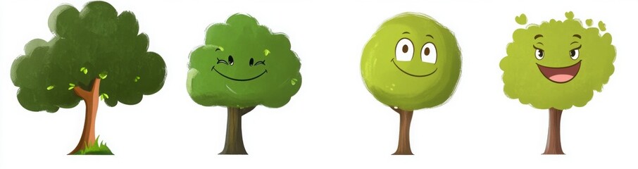 Four Cartoon Trees With Different Happy Expressions On White Backgrounds