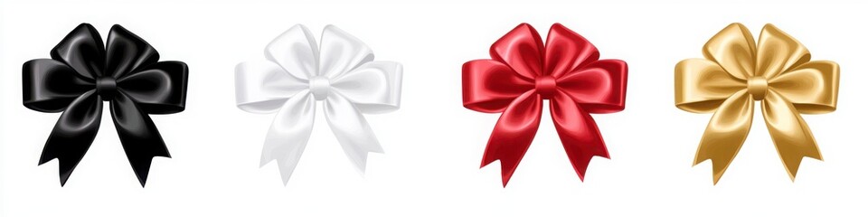 Four Decorative Bows in Black White Red and Gold on White Background