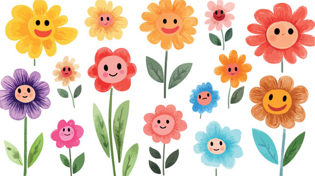 Collection of cheerful cartoon flowers with happy faces and vibrant colors on a white background