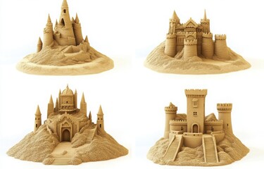 Four Detailed Sandcastles On A White Background