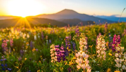 Vibrant wildflowers in a mountain meadow at sunset
