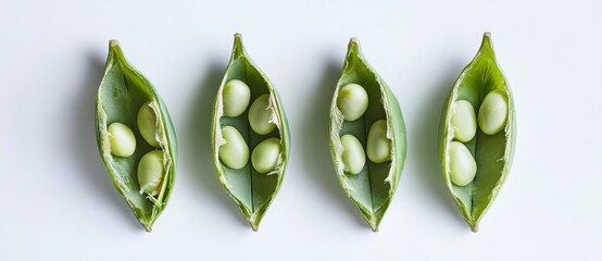 Four Green Pea Pods with Seeds on White Background