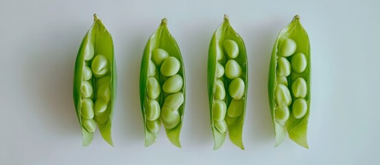 Four Opened Green Pea Pods On White Backgrounds
