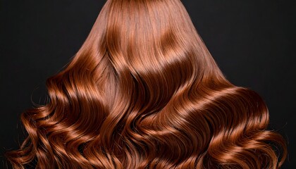 Fototapeta premium Long, wavy auburn hair cascades down a person's back against a dark background