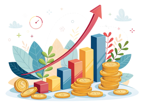 Illustration of financial growth with bar graph, arrow, coins, clock, and leaf decorations created with generated ai