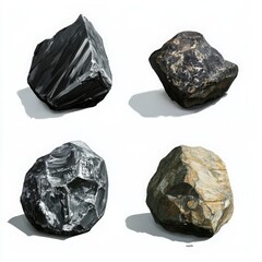 Four Rocks On A White Background Grey Brown And Black Stones With Detailed Textures