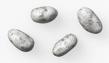 Four Small Gray Potatoes On White Backgrounds, Studio Photography With Overhead View. Closeup Image of  Tubers Displayed Against Simple Background, Showing Texture And Shape, With Focus On
