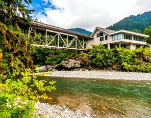 River scene with modern house and old bridge