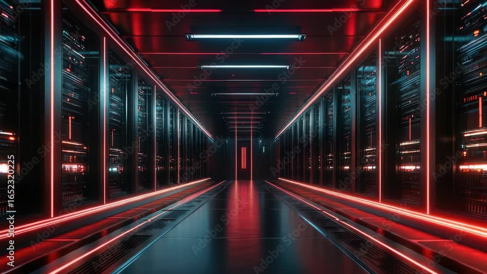 Poster This is a high-tech data center with rows of servers and red lighting. It conveys advanced technology and efficient networking.