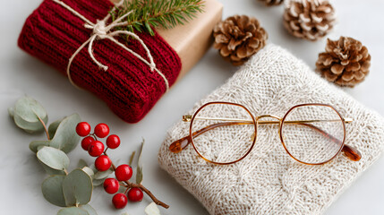 Fototapeta premium Cozy holiday arrangement featuring knitted textiles, decorative pinecones, glasses, and seasonal foliage, creating a warm festive atmosphere for winter celebrations. Selective focus