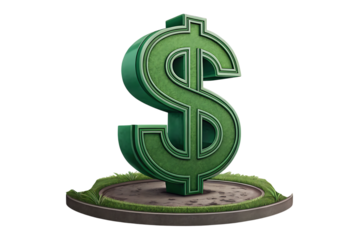 A large green dollar sign on a small circular platform against a black studio background created with generated ai