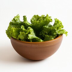 Fresh Green Lettuce in a Brown Bowl on White Background