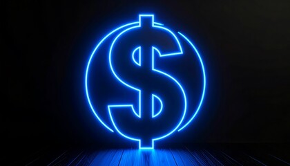 Fototapeta premium A vibrant neon blue dollar sign symbol illuminates a dark background, creating a striking visual representation of financial concepts.