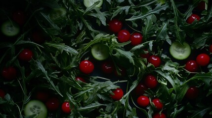Fresh Red Cherry Tomatoes And Cucumber Slices On Arugula