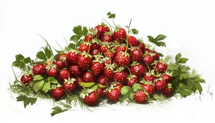 Fresh Red Strawberries with Green Leaves on White Background