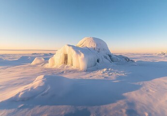 Frozen Shelter In Snowy Terrain At Sunset