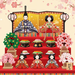 ひな人形、桃の花、三段飾りなど、日本の伝統的なひな祭りをテーマにしたイラストのセット。日本の文化、伝統、ひな祭り、祭り、イベント。