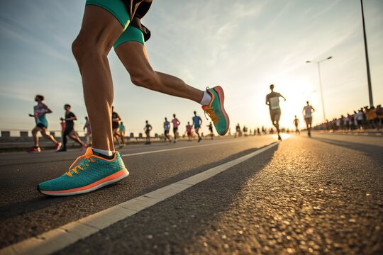 Marathon runners at golden Hour: A diverse group of marathon runners stride powerfully along a sun-kissed asphalt road at golden hour.