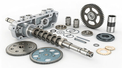 Naklejka premium A photo of a variety of machine parts. The parts are gears, bearings, and a main shaft with a worm gear on it.