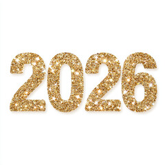 Golden glittery 2026 numbers with sparkles sticker on white background in minimal flat style for new year celebration