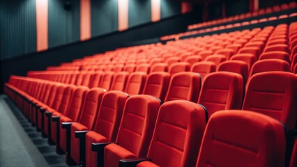 Obraz premium Empty small movie theater with red seats — quiet cinema hall waiting for audience