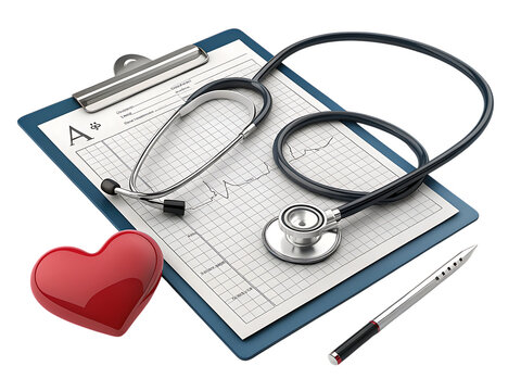 A clipboard with medical chart stethoscope pen and red heart on a black background health concept image created with generated ai