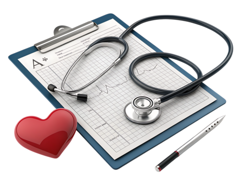 A clipboard with medical chart stethoscope pen and red heart on a black background health concept image created with generated ai