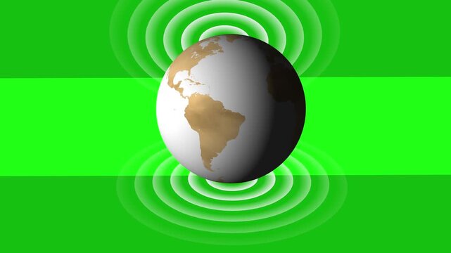 3d rotated earth planet background, abstract gray globe planet , with neon radio waves loop out animation on red background.