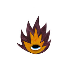 A watercolor illustration of a stylized flame in yellow and burgundy tones with an eye, set against a white background. The design evokes warmth and mysticism, perfect for artistic, spiritual, or