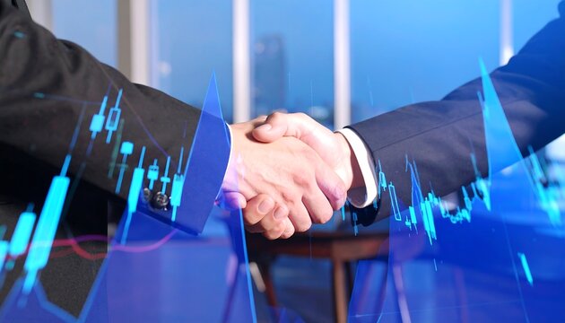 Business Handshake with Overlaid Blue Stock Market Charts