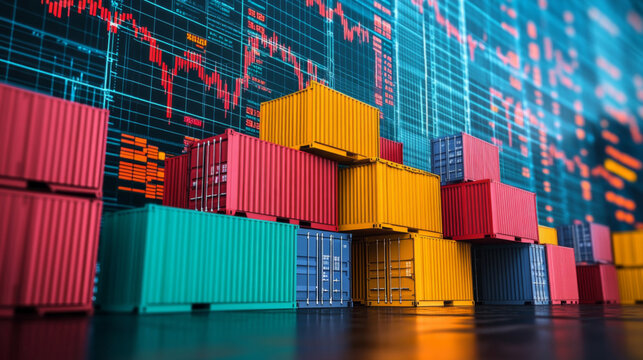 Stacked Shipping Containers with Stock Market Data Overlay