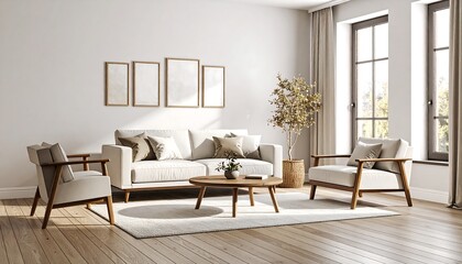 Modern Minimalist Living Room with White Sofa and Wooden Furniture Natural Light Bright Interior