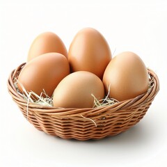 Brown chicken eggs in a wicker basket with straw on a white background