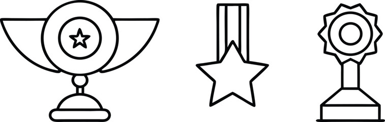award icons set with trophy, medal, and prize symbol in minimal outline vector design